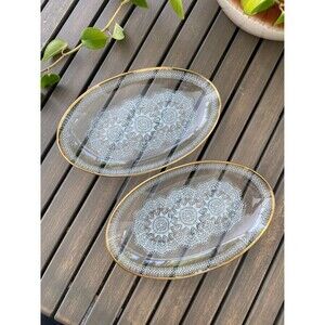 CLEARANCE: Vintage Glass Doily Plate, White Lace Pattern Oval Dishes (set of 2)
